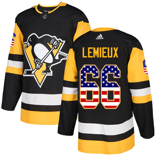 Adidas Penguins #66 Mario Lemieux Black Home Authentic USA Flag Stitched NHL Jersey - Click Image to Close